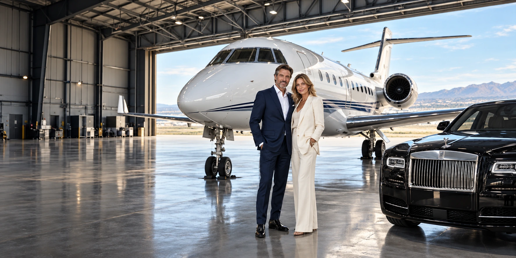 Self-employed high net worth mortgage clients beside a private jet — Lendmire